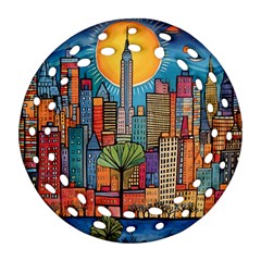 City New York Nyc Skyscraper Skyline Downtown Night Business Urban Travel Landmark Building Architec Round Filigree Ornament (two Sides) by Posterlux