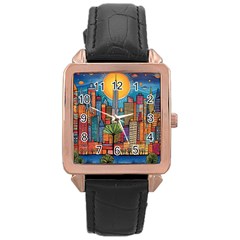 City New York Nyc Skyscraper Skyline Downtown Night Business Urban Travel Landmark Building Architec Rose Gold Leather Watch  by Posterlux