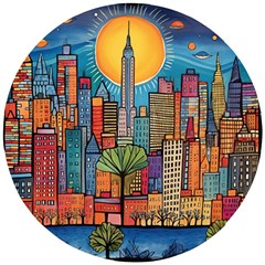 City New York Nyc Skyscraper Skyline Downtown Night Business Urban Travel Landmark Building Architec Wooden Puzzle Round by Posterlux