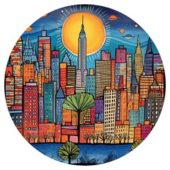 City New York Nyc Skyscraper Skyline Downtown Night Business Urban Travel Landmark Building Architec Round Trivet by Posterlux