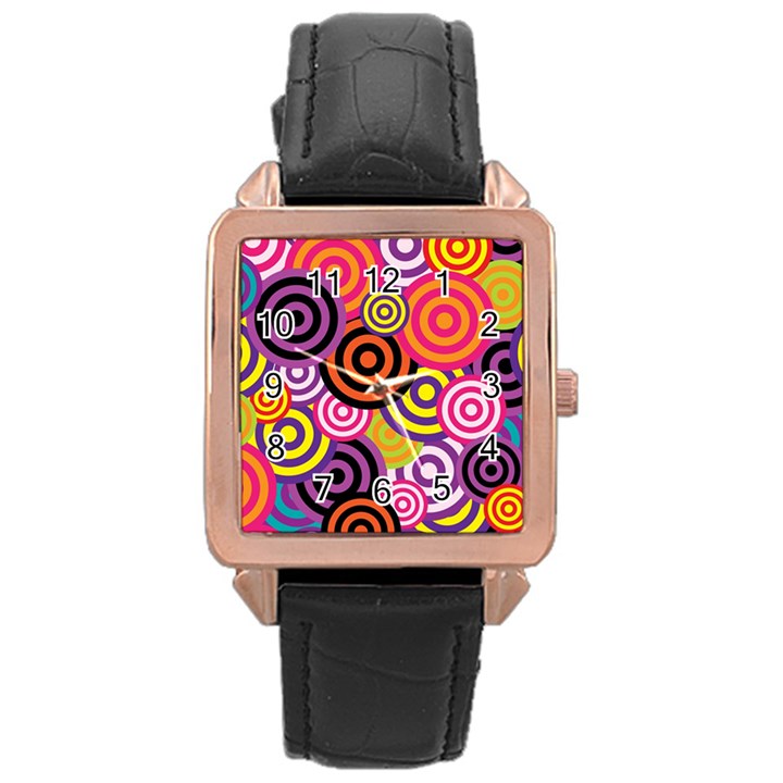 Abstract Circles Background Retro Rose Gold Leather Watch 