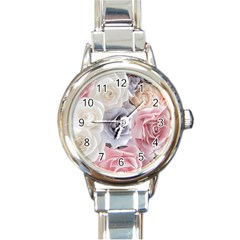 Pastel Rose  Flower Blue Pink White Round Italian Charm Watch by Cemarart