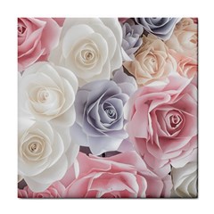 Pastel Rose  Flower Blue Pink White Tile Coaster by Cemarart