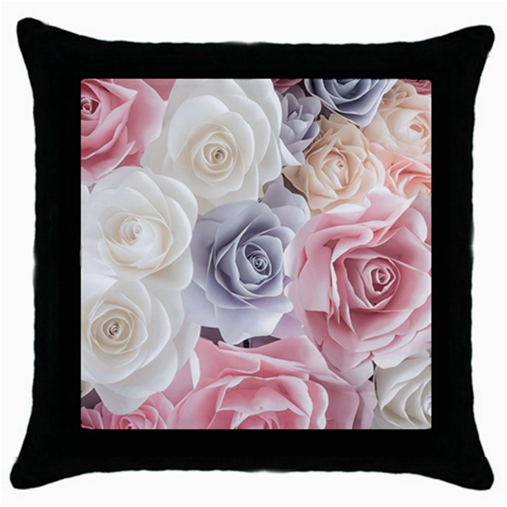 Pastel Rose  Flower Blue Pink White Throw Pillow Case (Black)