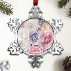 Pastel Rose  Flower Blue Pink White Metal Small Snowflake Ornament by Cemarart