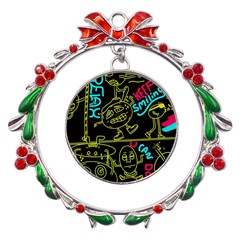 Keep Smiling Doodle Metal X mas Wreath Ribbon Ornament by Cemarart