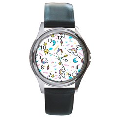 Unicorns Rainbows Seamless Pattern Round Metal Watch by Bedest