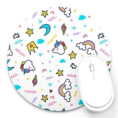 Unicorns Rainbows Seamless Pattern Round Mousepad by Bedest