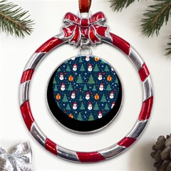 Snow Snowman Tree Christmas Tree Metal Red Ribbon Round Ornament