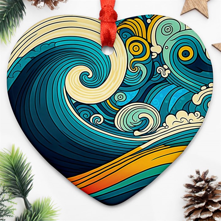 Waves Ocean Sea Abstract Whimsical Abstract Art 3 Heart Ornament (Two Sides)