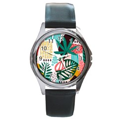 Abstract Seamless Pattern With Tropical Leaves Round Metal Watch by Hannah976