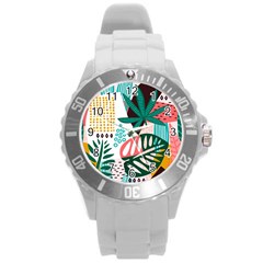 Abstract Seamless Pattern With Tropical Leaves Round Plastic Sport Watch (L)