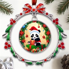 Schwarz Pandaweihnachten300dpi Metal X mas Wreath Ribbon Ornament