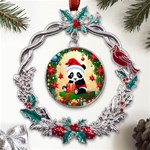 Schwarz Pandaweihnachten300dpi Metal X mas Wreath Holly leaf Ornament Front