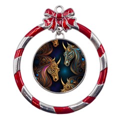 Schwarz Pferde Muster Metal Red Ribbon Round Ornament by 2607694c