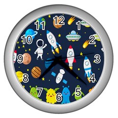 Big Set Cute Astronauts Space Planets Stars Aliens Rockets Ufo Constellations Satellite Moon Rover V Wall Clock (silver) by Bedest