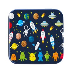 Big Set Cute Astronauts Space Planets Stars Aliens Rockets Ufo Constellations Satellite Moon Rover V Square Metal Box (black) by Bedest