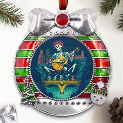 Grateful Dead Singing Skeleton Metal X mas Ribbon With Red Crystal Round Ornament by Bedest