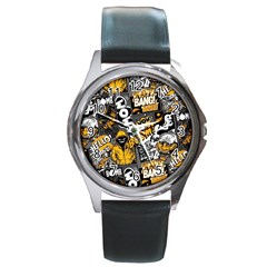 Boom Bang Art Crazy Drawing Graffiti Hello Retro Sayings Yellow Round Metal Watch by Bedest