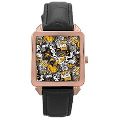 Boom Bang Art Crazy Drawing Graffiti Hello Retro Sayings Yellow Rose Gold Leather Watch  by Bedest