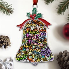 Graffiti Word Seamless Pattern Metal Holly Leaf Bell Ornament by Bedest