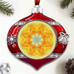 Sunshine Sunny Sun Abstract Yellow Metal Snowflake And Bell Red Ornament by Ravend