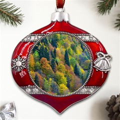 Forest Trees Leaves Fall Autumn Nature Sunshine Metal Snowflake And Bell Red Ornament by Ravend