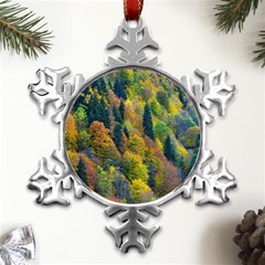 Forest Trees Leaves Fall Autumn Nature Sunshine Metal Small Snowflake Ornament by Ravend