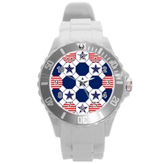 Patriotic Symbolic Red White Blue Round Plastic Sport Watch (l) by Ravend