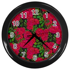 Seamless Pattern With Colorful Bush Roses Wall Clock (black) by Ket1n9