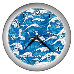 Storm Waves Seamless Pattern Raging Ocean Water Sea Wave Vintage Japanese Storms Print Illustration Wall Clock (silver) by Ket1n9