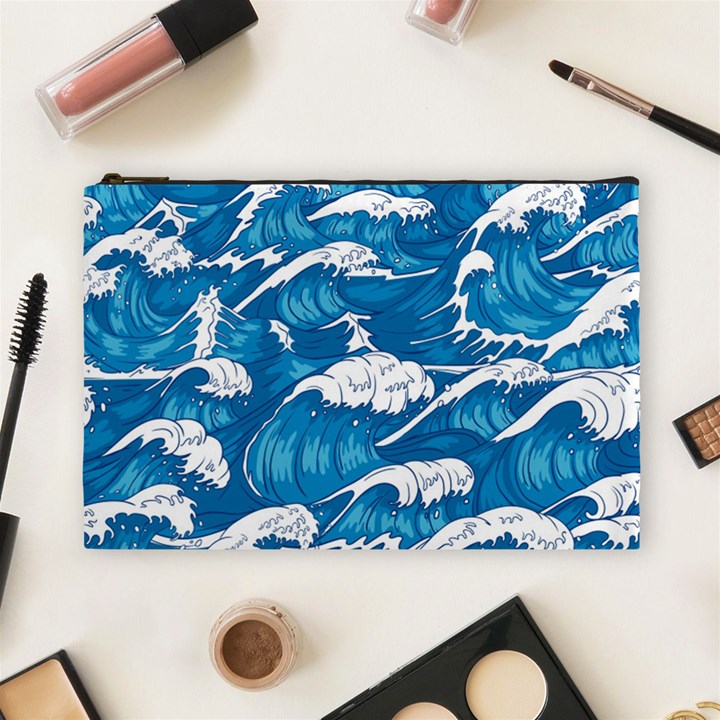 Storm Waves Seamless Pattern Raging Ocean Water Sea Wave Vintage Japanese Storms Print Illustration Cosmetic Bag (Large)