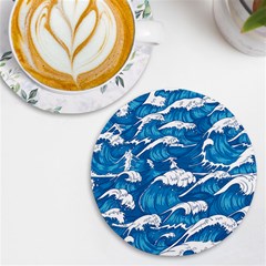 Storm Waves Seamless Pattern Raging Ocean Water Sea Wave Vintage Japanese Storms Print Illustration Uv Print Round Tile Coaster by Ket1n9