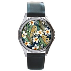 Seamless Pattern With Tropical Strelitzia Flowers Leaves Exotic Background Round Metal Watch by Ket1n9