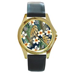 Seamless Pattern With Tropical Strelitzia Flowers Leaves Exotic Background Round Gold Metal Watch by Ket1n9