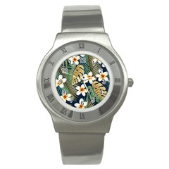 Seamless Pattern With Tropical Strelitzia Flowers Leaves Exotic Background Stainless Steel Watch by Ket1n9