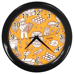 Vector-honey-element-doodle-seamless-pattern-with-beehive-beeke Wall Clock (black) by Ket1n9