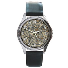 Brown Vintage Background Vintage Floral Pattern Round Metal Watch by Ndabl3x