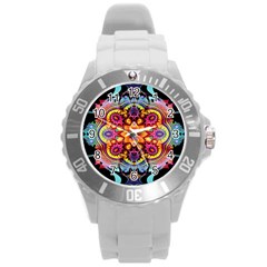 Pink Florales Muster Round Plastic Sport Watch (l)