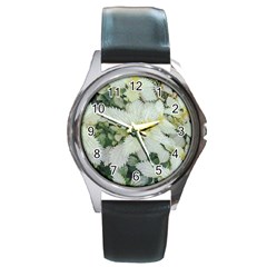 Enchanting Foliage Sharp Edged Leaves In Pale Yellow And Silver Bk Round Metal Watch by dflcprintsclothing