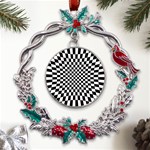 Illusion Checkerboard Black And White Pattern Metal X mas Wreath Holly leaf Ornament Front