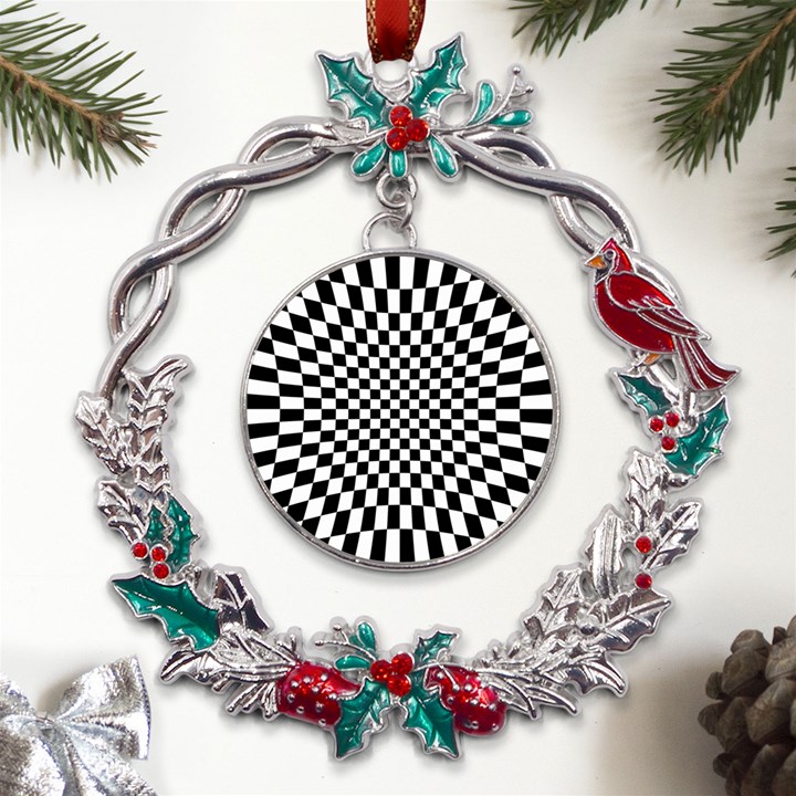 Illusion Checkerboard Black And White Pattern Metal X mas Wreath Holly leaf Ornament