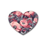 Vintage Floral Poppies Rubber Heart Coaster (4 pack) Front