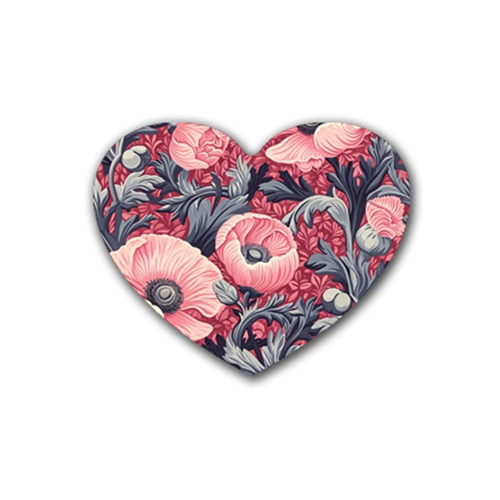 Vintage Floral Poppies Rubber Heart Coaster (4 pack)