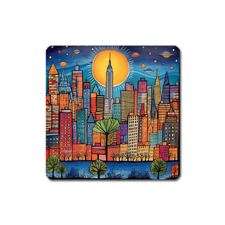 City New York Nyc Skyscraper Skyline Downtown Night Business Urban Travel Landmark Building Architec Square Magnet