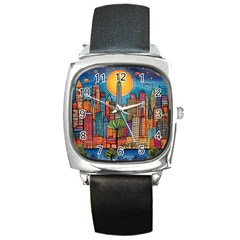 City New York Nyc Skyscraper Skyline Downtown Night Business Urban Travel Landmark Building Architec Square Metal Watch by Posterlux