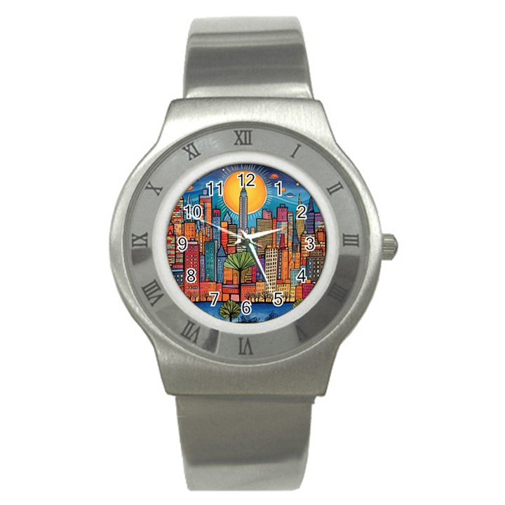 City New York Nyc Skyscraper Skyline Downtown Night Business Urban Travel Landmark Building Architec Stainless Steel Watch