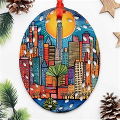 City New York Nyc Skyscraper Skyline Downtown Night Business Urban Travel Landmark Building Architec Oval Filigree Ornament (two Sides)