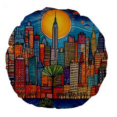 City New York Nyc Skyscraper Skyline Downtown Night Business Urban Travel Landmark Building Architec Large 18  Premium Round Cushions by Posterlux