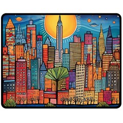 City New York Nyc Skyscraper Skyline Downtown Night Business Urban Travel Landmark Building Architec Two Sides Fleece Blanket (medium) by Posterlux